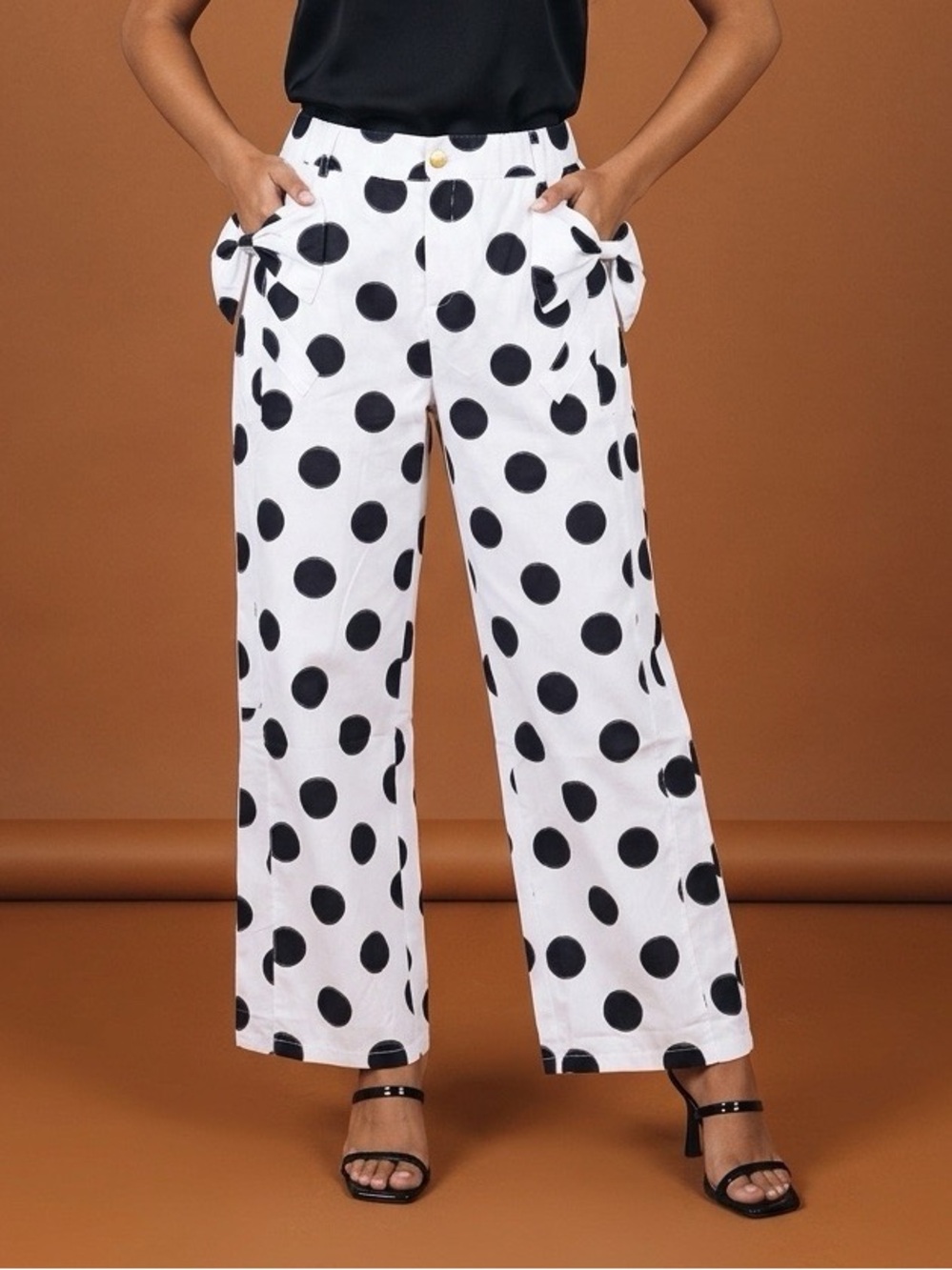 High-Rise Black Polka Dot Wide-Leg Pants - Classic Monochrome